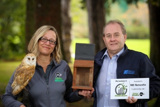 Pictured [L-R] is Vickie Chambers, Supporter Relationship Manager at Ulster Wildlife & Hal Steele, Safety Engineer at NIE Networks