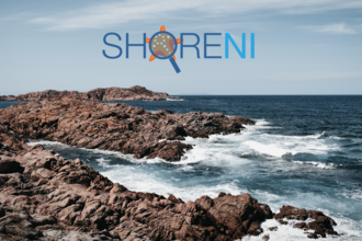 A rocky shore with the ShoreNI logo