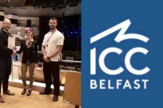 The Logo of ICC Belfast on a blue background and a photo of employees with the pledge