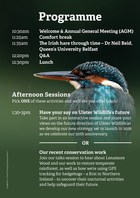 Details of Ulster Wildlife's 2026 AGM programme with a kingfisher and deep green background