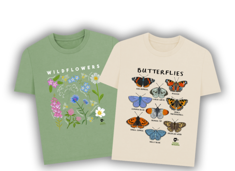 Sage-coloured wildflowers t-shirt and oat-coloured butterflies t-shirt on a transparent background